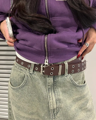 Double eyelet square buckle leather belt