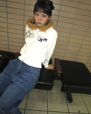 Ribbon Shooting Star Double Zip Fur Hoodie