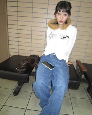 Ribbon Shooting Star Double Zip Fur Hoodie