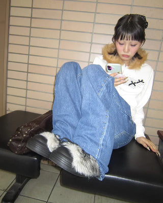 Ribbon Shooting Star Double Zip Fur Hoodie