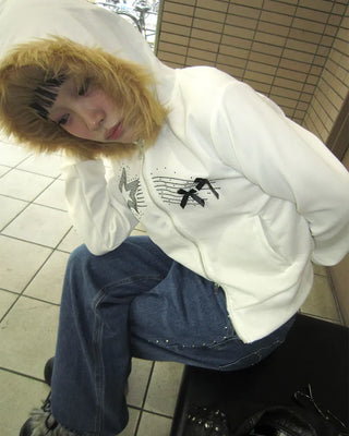 Ribbon Shooting Star Double Zip Fur Hoodie