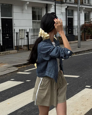 Two-line track elastic waist shorts