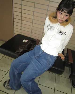 Ribbon Shooting Star Double Zip Fur Hoodie