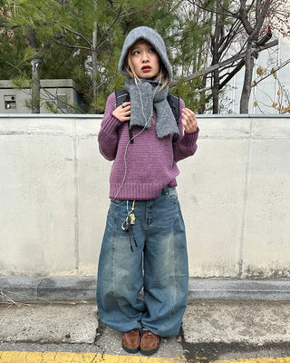 (Unisex) Center Seam Washed Balloon Denim Pants