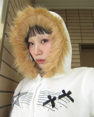 Ribbon Shooting Star Double Zip Fur Hoodie