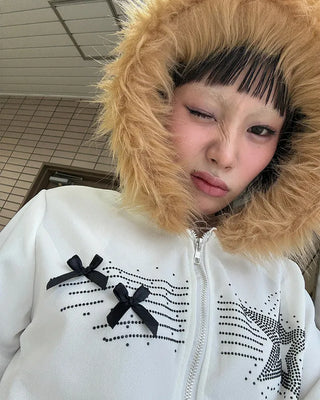 Ribbon Shooting Star Double Zip Fur Hoodie
