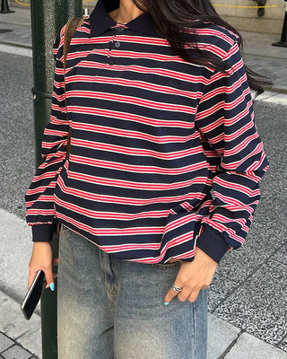 (Unisex) Multi-stripe Long Polo T-shirt