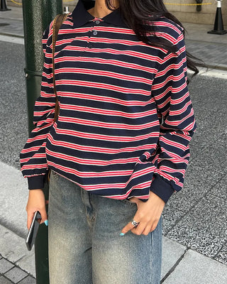 (Unisex) Multi-stripe Long Polo T-shirt