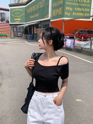[2-way] Asymmetrical Shoulder Short-Sleeve T-Shirt (6 colors)