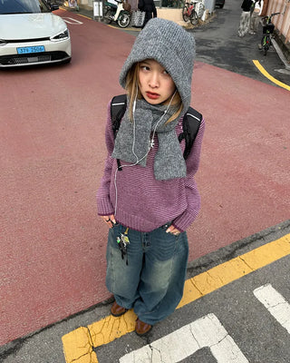 (Unisex) Center Seam Washed Balloon Denim Pants
