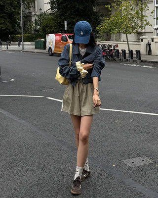 Two-line track elastic waist shorts