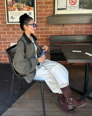 Double-belt round harness mid-calf boots