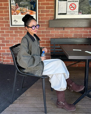 Double-belt round harness mid-calf boots