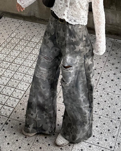 Star Damage Point Wide Cotton Pants