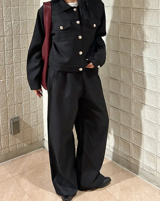 Belted Elastic Waist Tweed Wide Pants