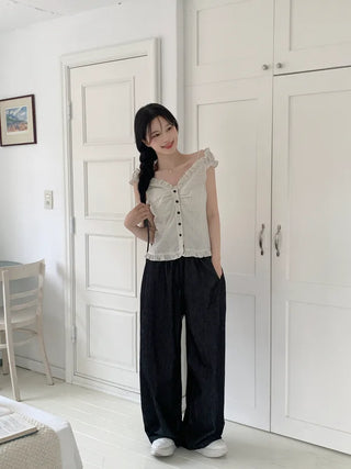 String Wide Summer Low Denim Pants
