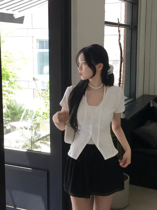 Slim Tie Short-Sleeve Cardigan Set