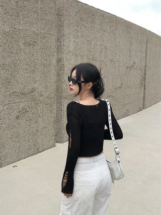 Summer distressed boat neck cropped knit (5 colors)