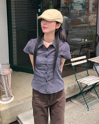 Checked Shirring Short-Sleeve Shirt
