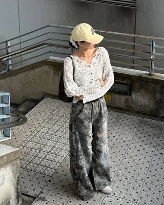 Star Damage Point Wide Cotton Pants