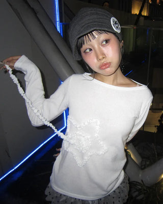 Frill spiral star boat neck long cut and sew