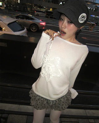 Frill spiral star boat neck long cut and sew