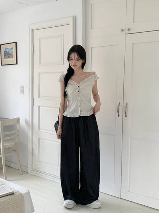 String Wide Summer Low Denim Pants