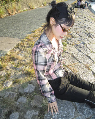 V-neck button-up check flannel blouse