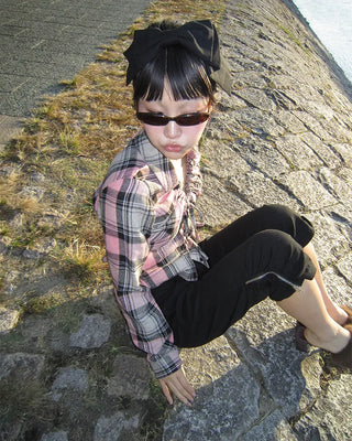 V-neck button-up check flannel blouse