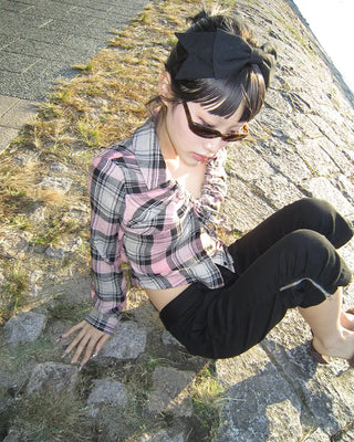 V-neck button-up check flannel blouse