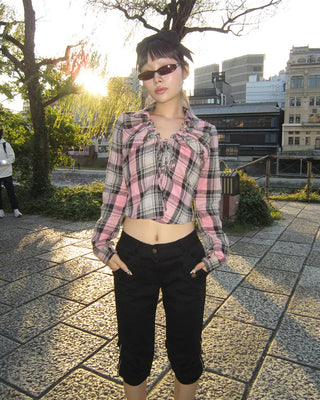 V-neck button-up check flannel blouse
