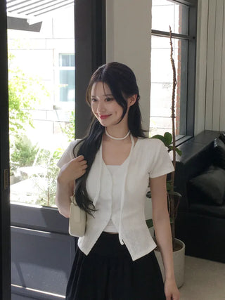 Slim Tie Short-Sleeve Cardigan Set