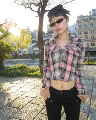 V-neck button-up check flannel blouse