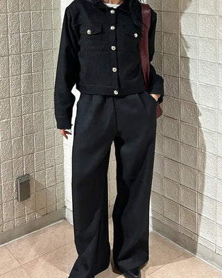 Belted Elastic Waist Tweed Wide Pants