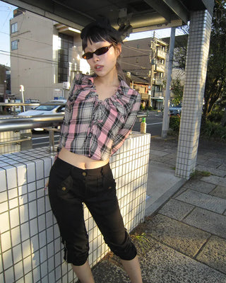 V-neck button-up check flannel blouse