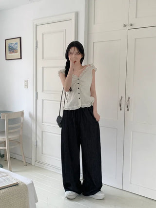 String Wide Summer Low Denim Pants