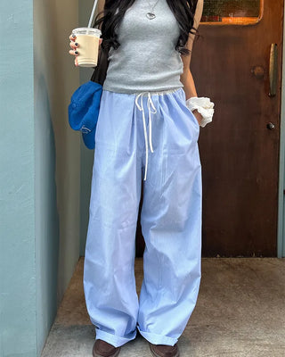 Drawstring two-tone striped wide-leg pants