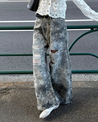 Star Damage Point Wide Cotton Pants