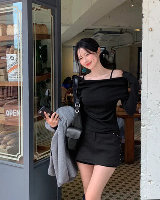 Shirred off-shoulder sleeveless top