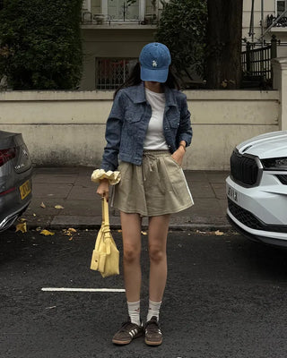 Two-line track elastic waist shorts