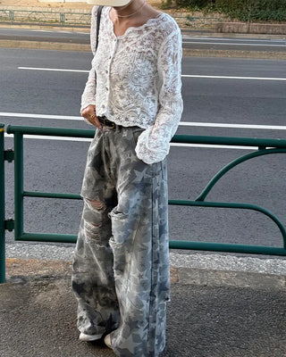 Star Damage Point Wide Cotton Pants