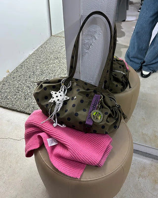 Outer pocket side gathered polka dot Boston bag