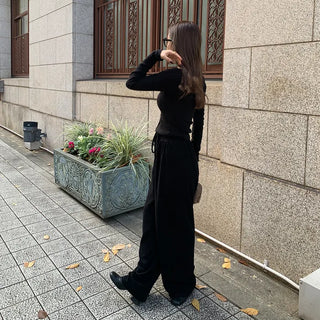 Velour wide-leg elastic waist pants