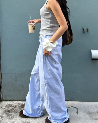 Drawstring two-tone striped wide-leg pants