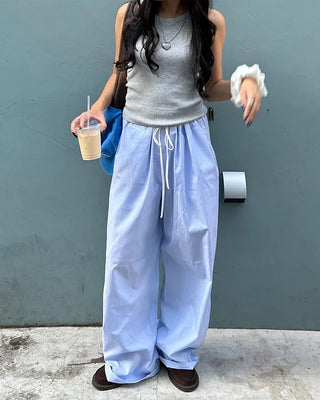 Drawstring two-tone striped wide-leg pants