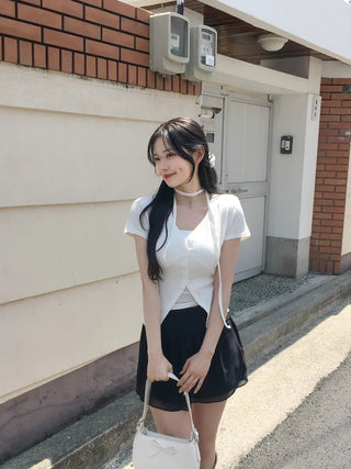 Slim Tie Short-Sleeve Cardigan Set