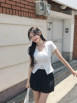 Slim Tie Short-Sleeve Cardigan Set