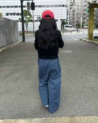 Striped linen elastic waist pants