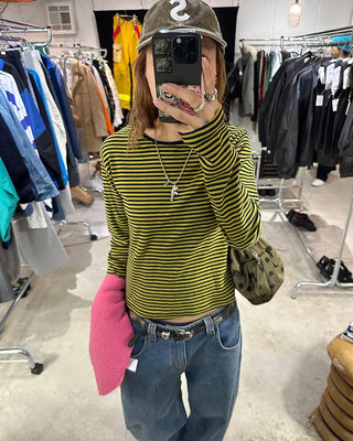 Round neck simple striped long T-shirt