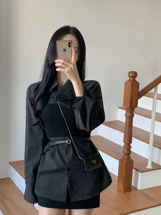 [3-Piece Set] Solid Top, Belt & Blouse